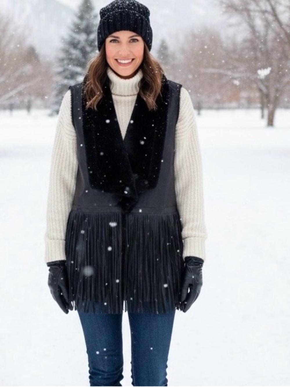 Andrew Marc Women’s Western Boho Vest Faux Fur And Leather Fringe Size M Black